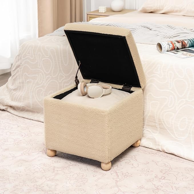 Adeco 17 Inch Soft Oatmeal Cube Ottoman Storage, Teddy Velvet Chair Foot Stools - Image 3
