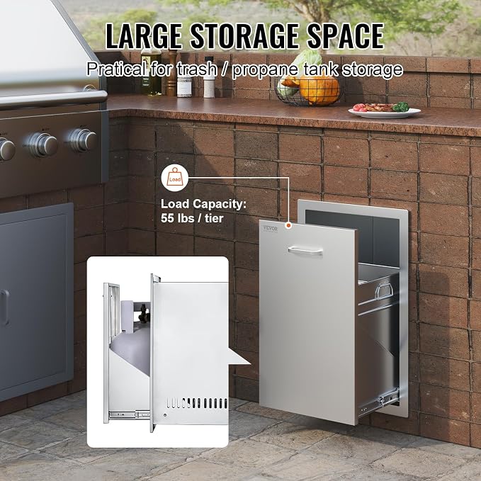 VEVOR Outdoor Kitchen Trash Drawer 16Wx22Hx16 D, Propane Tank Drawer, Stainless - Image 5