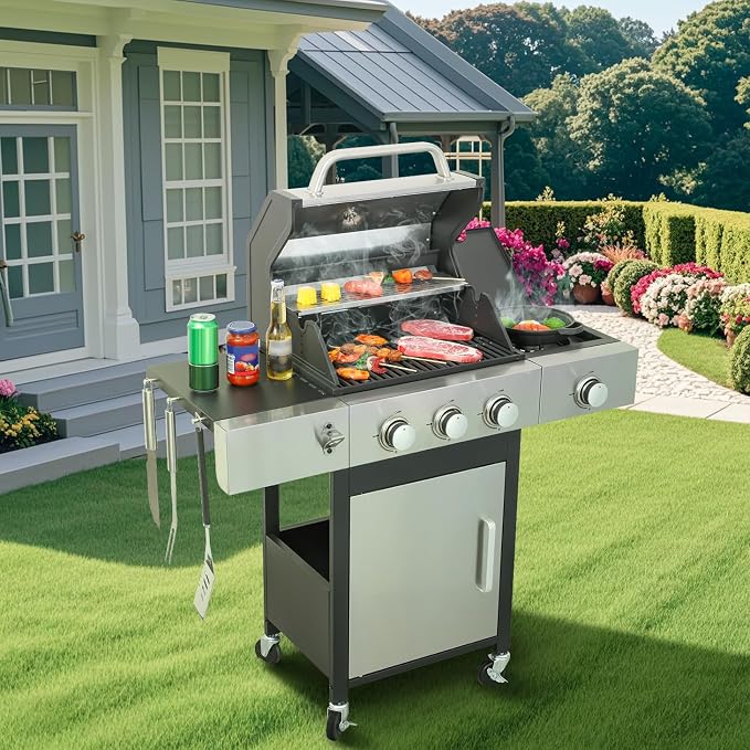 3-Burner Gas Grill with Side Burner, 37230 BTU Outdoor BBQ, Large Cooking Area - Image 9