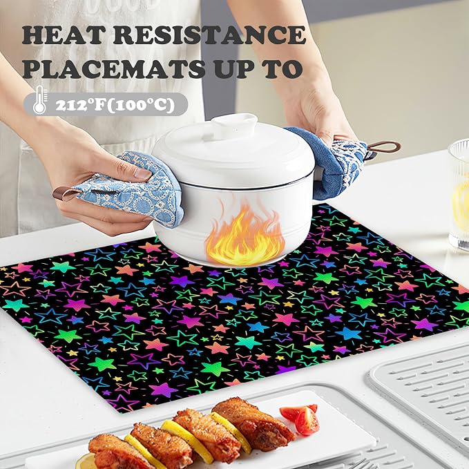 Neon Stars Placemats Set of 6 Linen Heat Resistant, Rainbow Glittering Table - Image 4