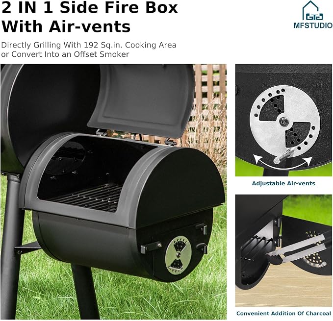 MFSTUDIO Heavy Duty Charcoal Wood Offset Outdoor Smoker Grill, Charcoal Grill - Image 6