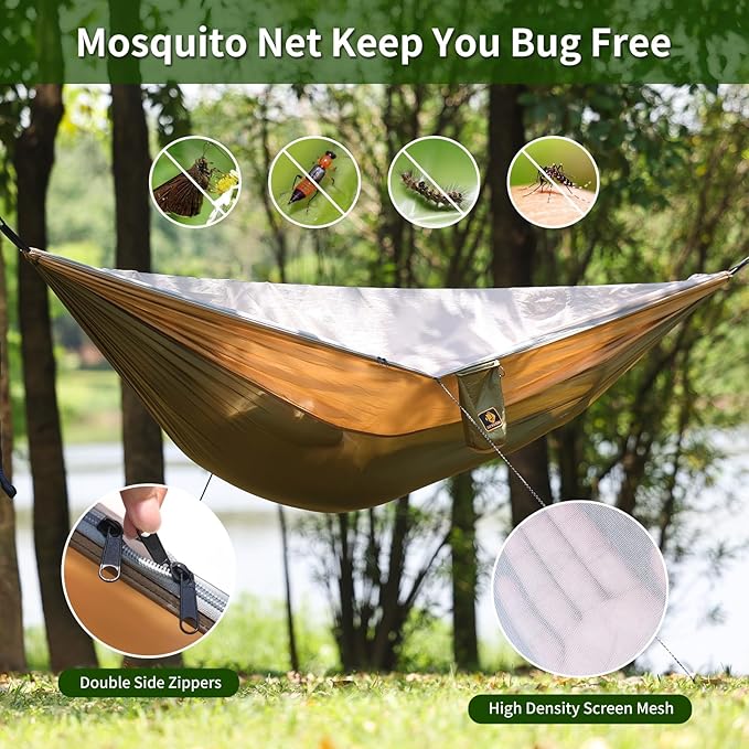 Hammock with Built-In Mosquito Net, Double Nylon, Green and Khaki