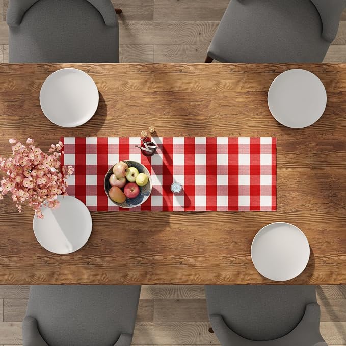 Encasa XO Cotton Dining Table Runner | Buffalo Red Checks | Size 13x36 in - Image 4