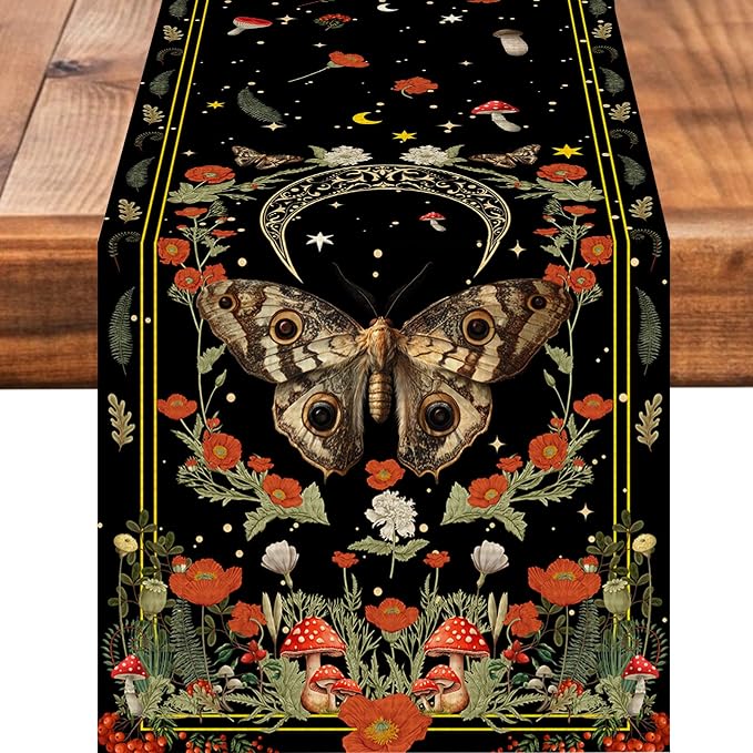 Moth Burlap Table Runner Seasonal Spring Fall Kitchen Dining Linen Table by Worltoldb