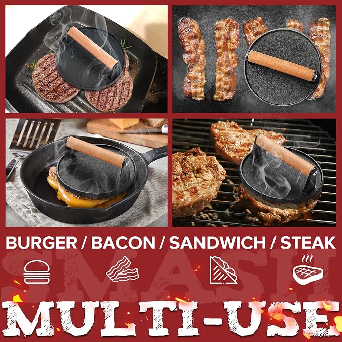 Smash Burger Press kit, Heavy-Duty Cast Iron Round Grill Bacon Press - Image 4