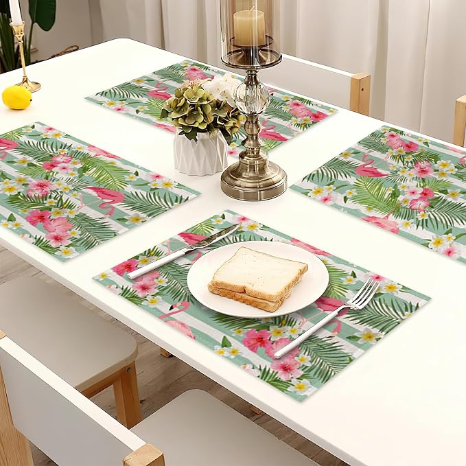 Flamingo Flowers Linen Placemats Set of 6, 12x18 Inch Tropical Leaves Washable - Image 7