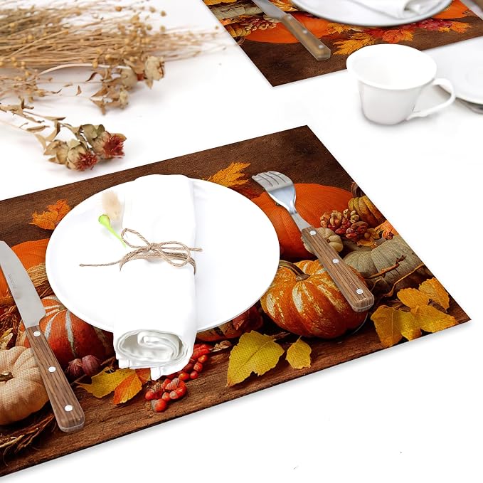 Orange Pumpkins Linen Placemats Set of 6, 12x18 Inch Fall Thanksgiving Washable - Image 6