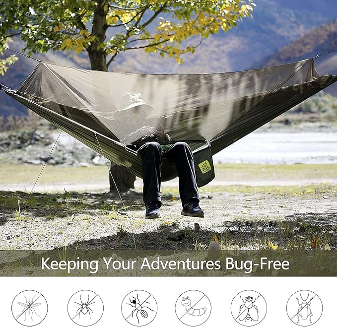 Hammock with Net and Rain Fly, Green Nylon, 500 lb Capacity