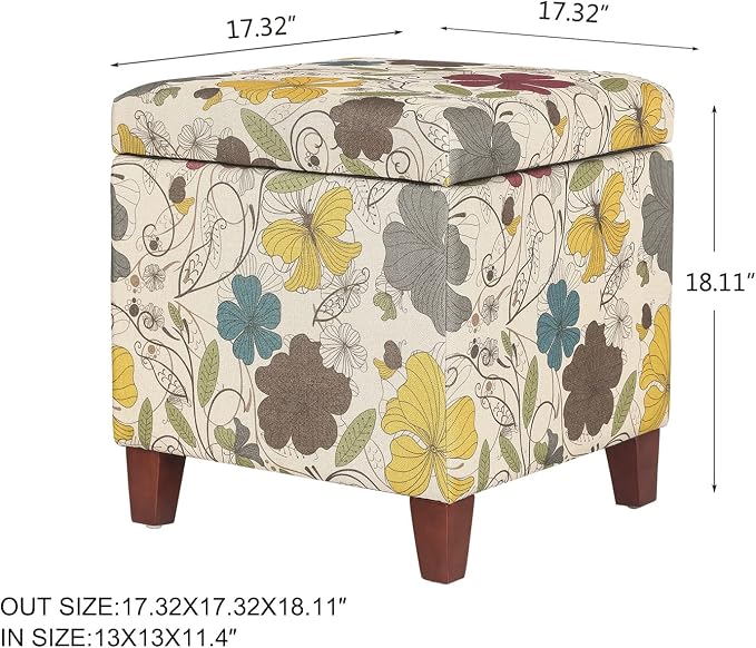 Adeco 18 Inch High Cube Ottoman Storage, Floral Printed Linen Chair Foot Stools - Image 3