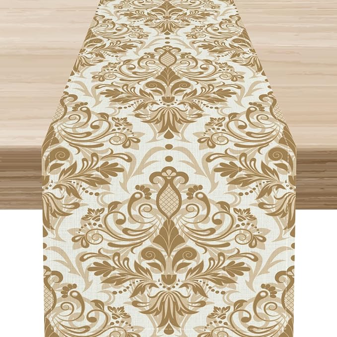 Damask Table Runner, Rustic Gothic Gold Baroque Style Floral Bohemian Boho by Unknown
