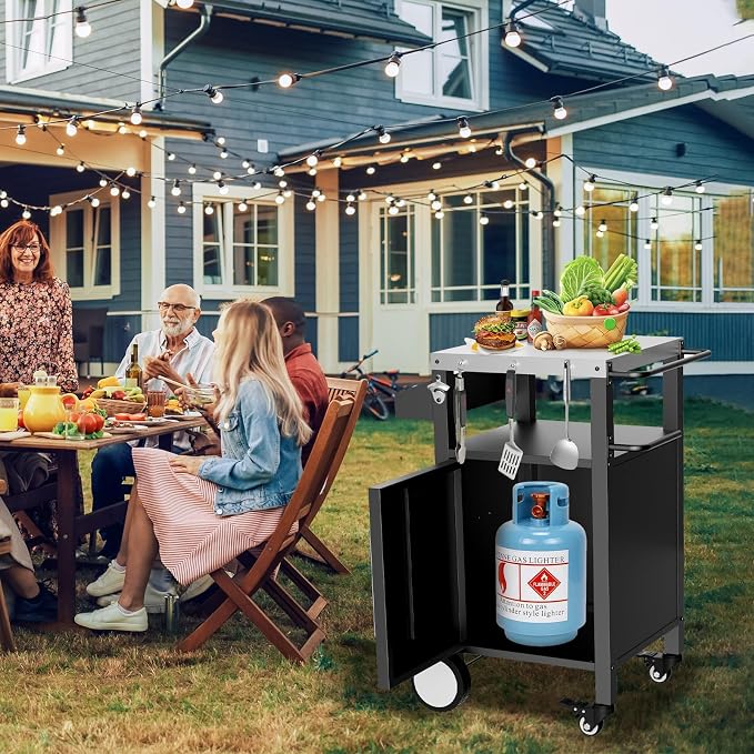 Outdoor Grill Cart with Storage, Stainless Steel Top, Movable Patio Kitchen - Image 2