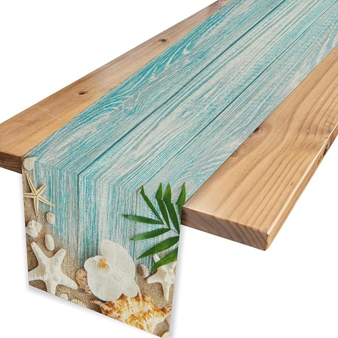 Blue Wooden Starfish Table Runner, Turquoise Tropical Summer Sandy Ocean Beach - Image 4