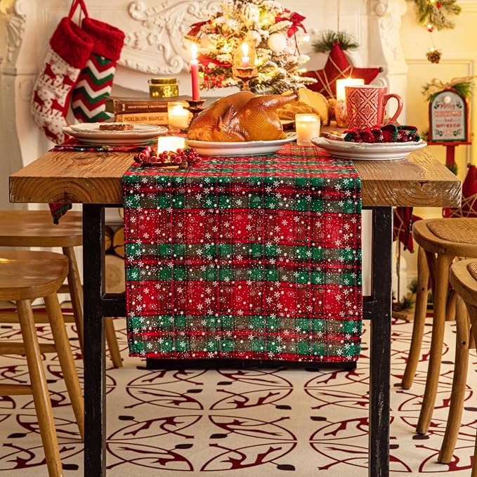 Green Red Plaid Snowflake Christmas Table Runner, Winter Holiday Table Runners by AQOTHES