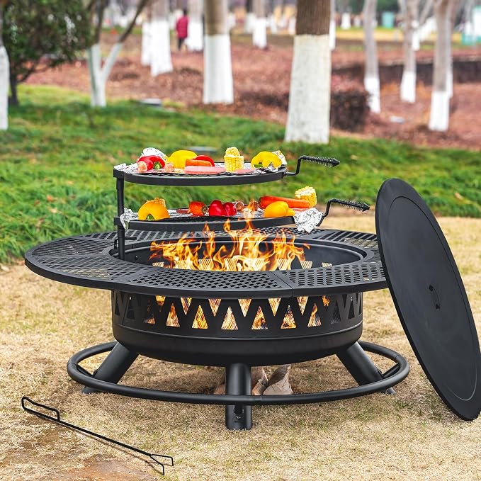 47 Inch Fire Pit with 2 Grills, Outdoor Extra Large Firepits by Florise