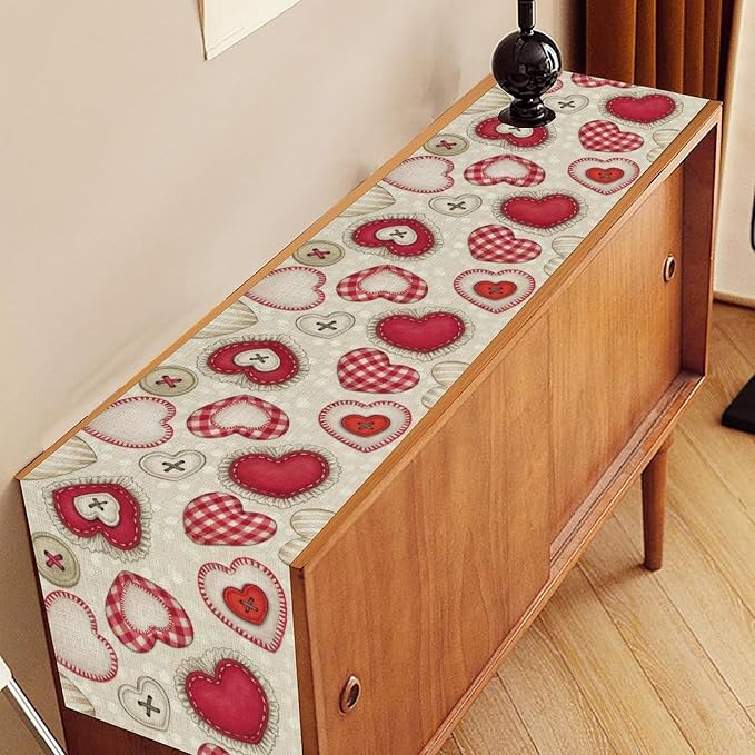Red Heart Table Runner, Retro Rustic Beige Heart Buttons Polka Dot Valentines - Image 2