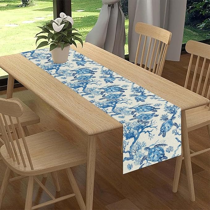 Sea Turtle Table Runner, Summer Coastal Nautical Coral Undersea Tropical Rustic - Image 2