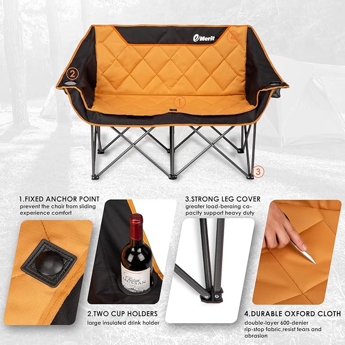 Folding Loveseat Camp Chair, Orange, 2-Seat, 650 lb Limit
