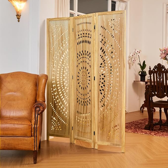 Room Divider Wood Carved Wall Divider Indoor Folding Bohemian Style Portable - Image 2