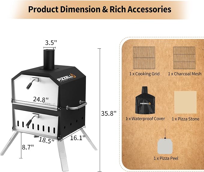PIZZELLO Pizzello Outdoor Pizza Oven 16'' Large Wood Fired 2-Layer Pizza Ovens - Image 8