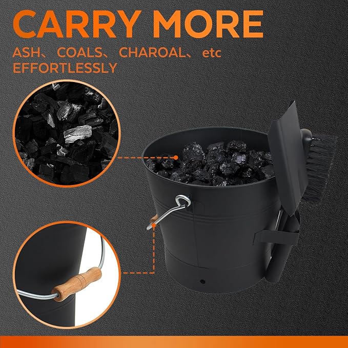 Ash Bucket with Lid and Shovel, 2.6 Gallon Metal Fireplace Ash Bucket with Broom - Image 6