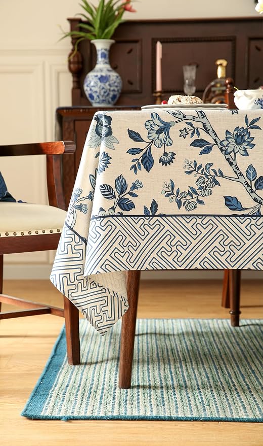 Vintage Blue and White Long Rectangle Tablecloth, French Linen Floral Wrinkle - Image 8