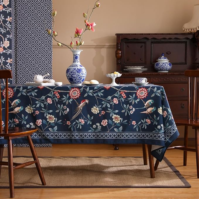 patdrea Designer Dark Blue Linen Rectangle Tablecloth, Vintage Navy French by Welcometopatdrea