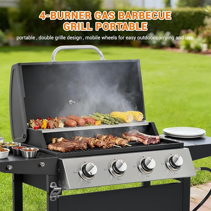 4-Burner Gas Grill with Side Burner & Cover, 51000 BTU Stainless Steel Outdoor - Image 3