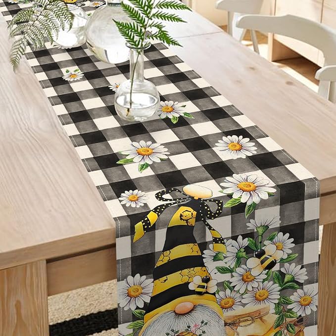 Seliem Spring Bee Gnome Table Runner, Honey Black White Buffalo Plaid Check - Image 6