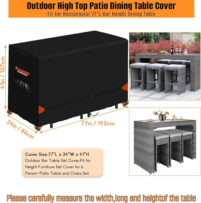 Kovshuiwe Outdoor Bar Height Dining Set Cover, Heavy Duty 600D Oxford Fabric - Image 2