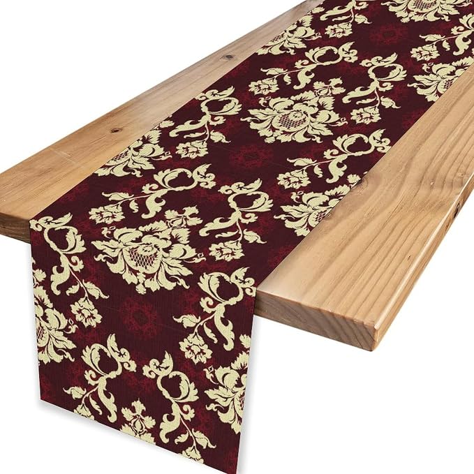 Red Damask Table Runner, Gothic Boho Baroque Style Floral Flower Antique - Image 4
