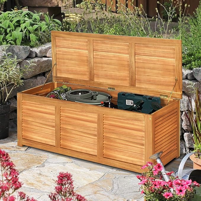 HAPPYGRILL 46 Gallon Acacia Wood Deck Box, Outdoor Storage Box Garden Tools Box - Image 2