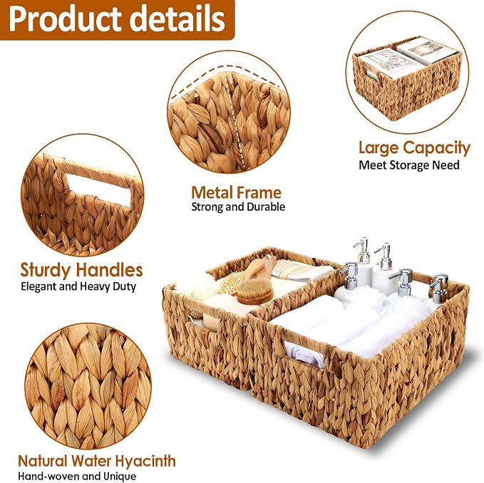 Wicker Baskets 2 Pack, Water Hyacinth Wicker Storage Basket - Image 3