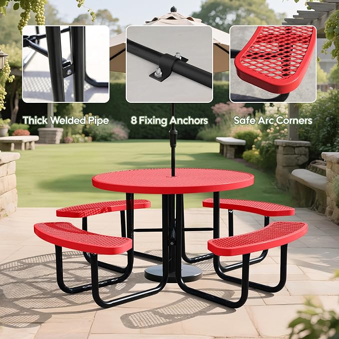 46'' Round Metal Picnic Table for Outdoors, Commercial Steel Metal Picnic Tables - Image 4
