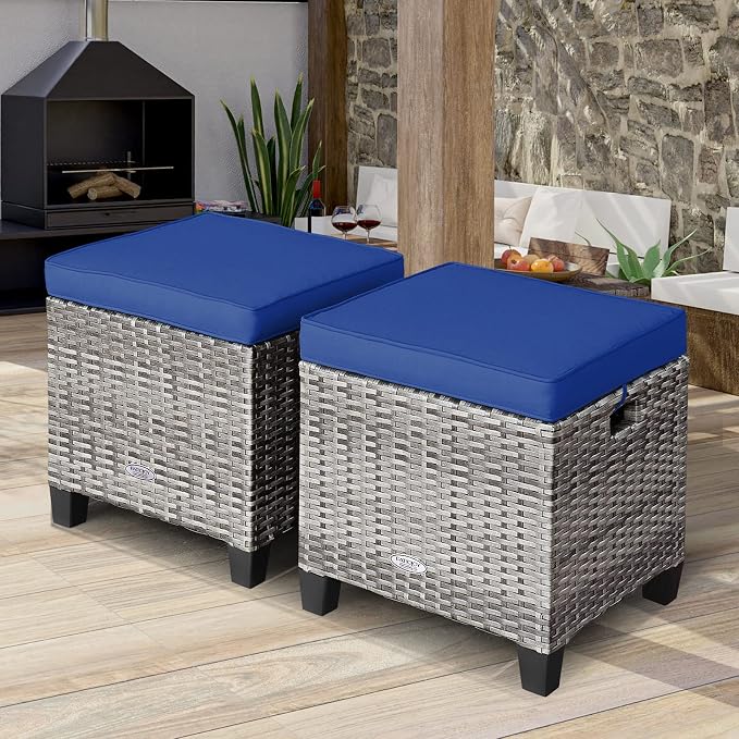Tangkula 2 Pieces Patio Rattan Ottomans, Outdoor Wicker Footstool Footrest Seat - Image 2