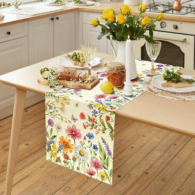 Daisy Tulip Lavender Floral Leaves Summer Table Runner, Spring Home Kitchen - Image 5