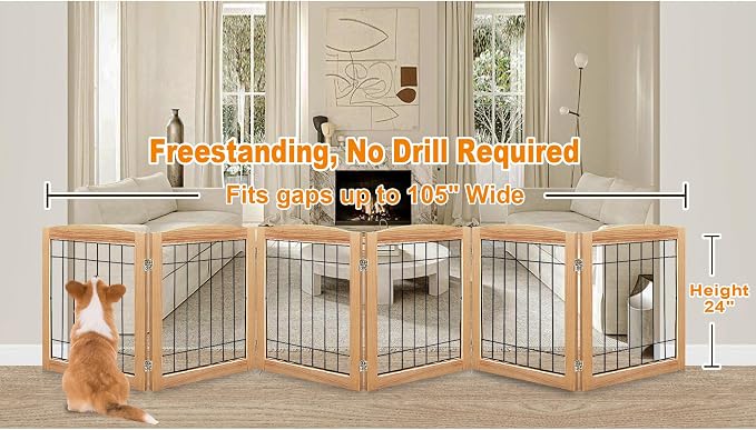LZRS 6-Panel Extra Wide Wooden Freestanding Dog Gate: Foldable Solid Wood and - Image 2