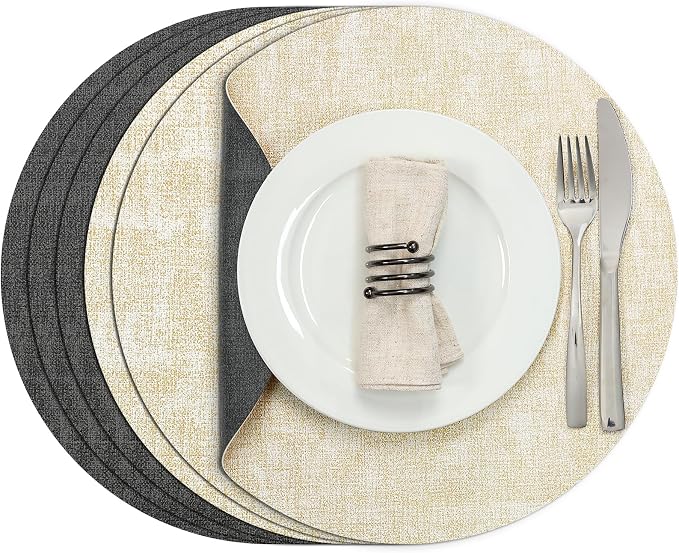 Myir JUN Round Placemats, Dual Sided Faux Leather Place Mats Set of 6 by MyirJUN