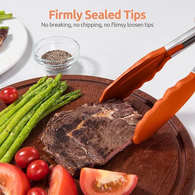 Tongs with Silicone Tips, 18/8 Stainless Steel Handles and Lock, Orange
