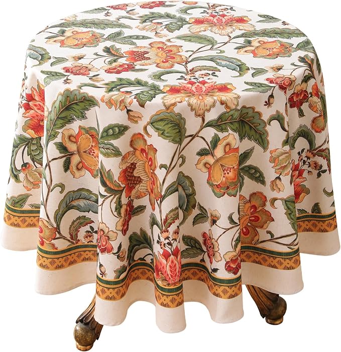 patdrea Designer Vintage Linen Round Tablecloth, Provencal Rustic Floral by Welcometopatdrea