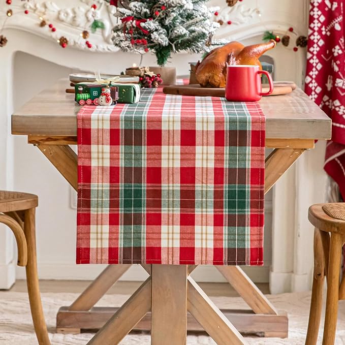 Red Gold Plaid Christmas Table Runner, Winter Holiday Table Runners 108 inches by AQOTHES