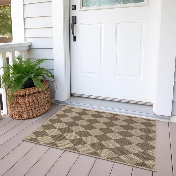 Easy Jute Checkered Entryway Rug, 2x3 Brown Modern Indoor Outdoor Doormat - Image 5