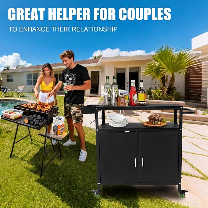 Grill Cart with Storage, Outdoor Bar Cart Rolling BBQ Cart Movable Pizza Oven - Image 8