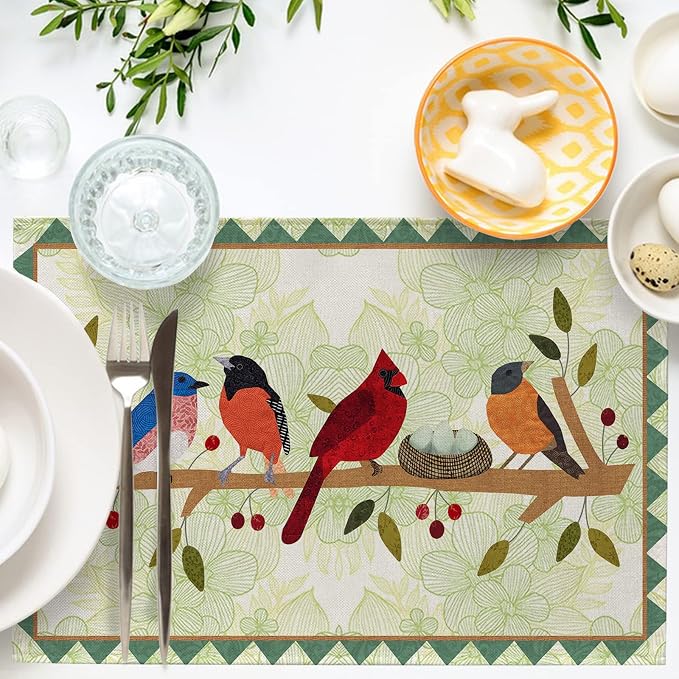 Seliem Spring Birds Tree Branches Placemats Set of 4, Cardinal Bluebird - Image 4