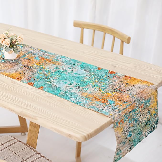 OYIMUA Modern Abstract Teal Yellow Colorful Table Runner 13 x 72 Inches Summer - Image 3