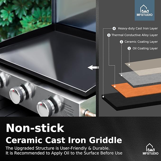 MFSTUDIO 27 Inch Flat Top Propane Gas Griddle Grill, Ceramic Coated Cast Iron - Image 3