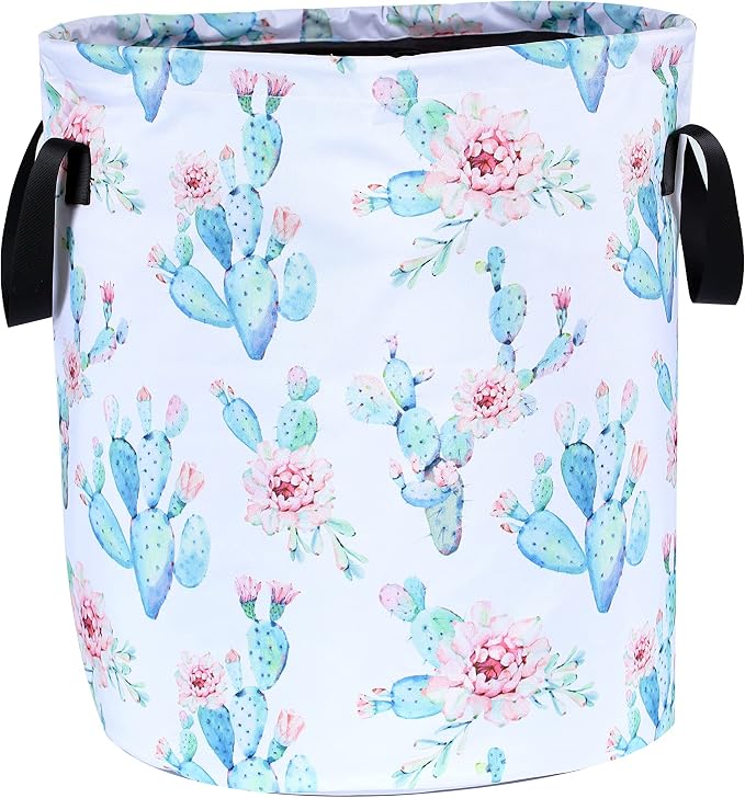 Cactus Flowers Laundry Basket Pink Floral Foldable Oxford Cloth Funny Tote Bag by NUTAINLA