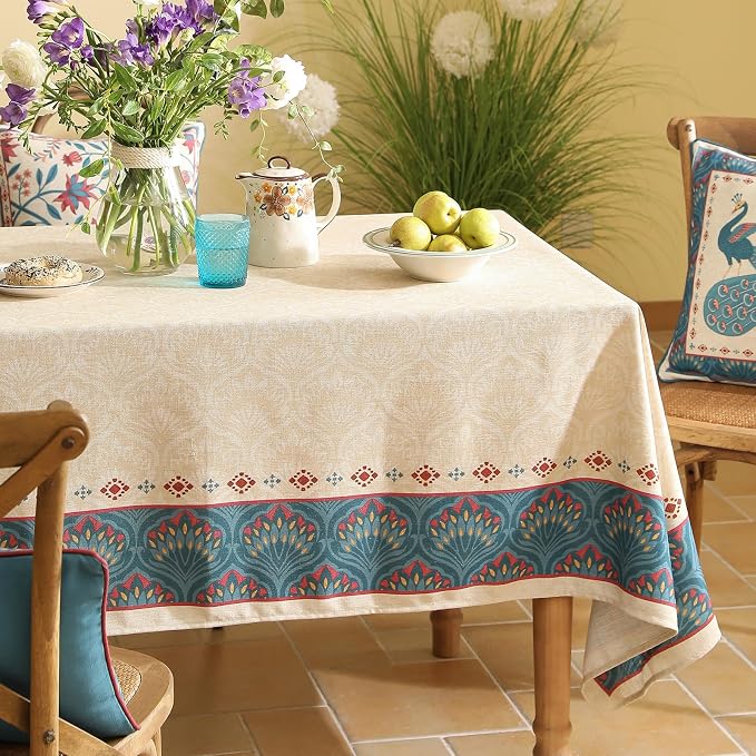 Vintage Beige Linen Extra Long Rectangle Tablecloth, Paisley Farmhouse Feather - Image 8