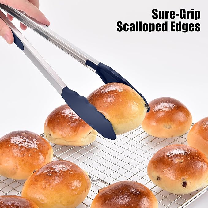 Locking Stainless Steel Tongs with Silicone Tips, Navy Blue