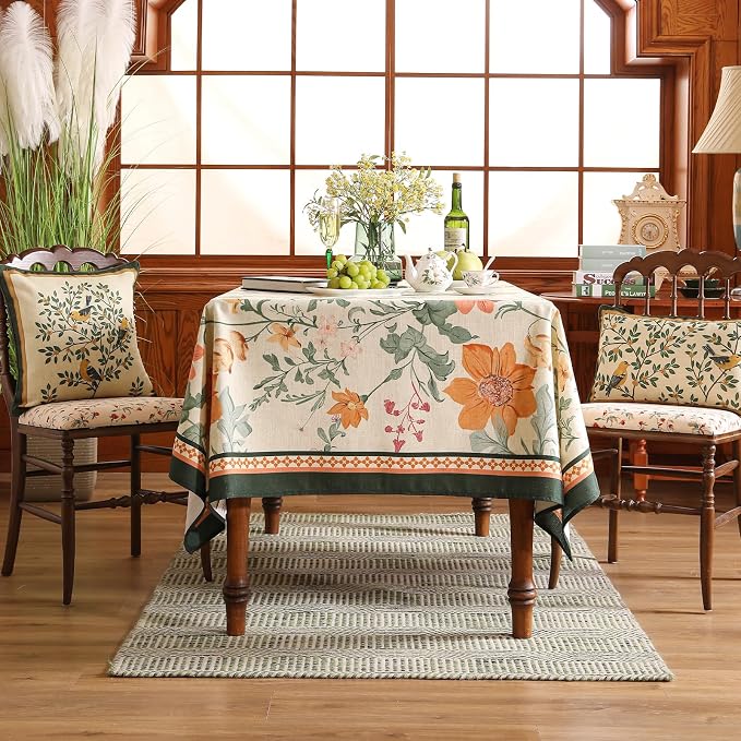 French Tablecloth for Rectangle Table, Linen Orange Floral Wrinkle Resistant - Image 3