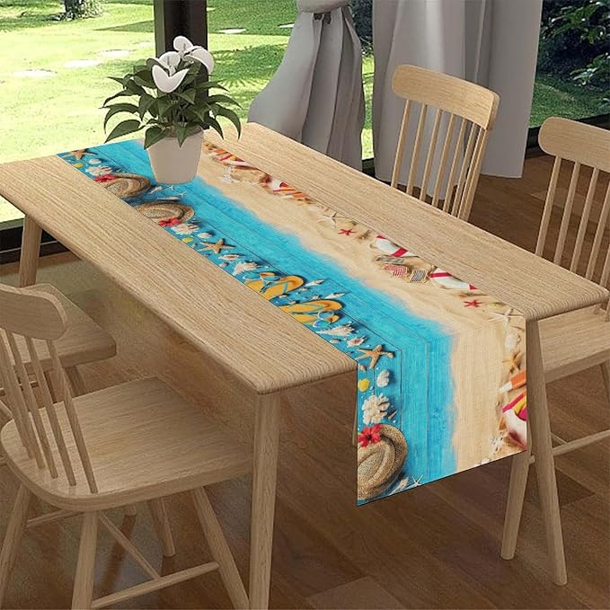 Summer Coastal Table Runner, Nautical Starfish Beach Seashell Ocean Retro - Image 2
